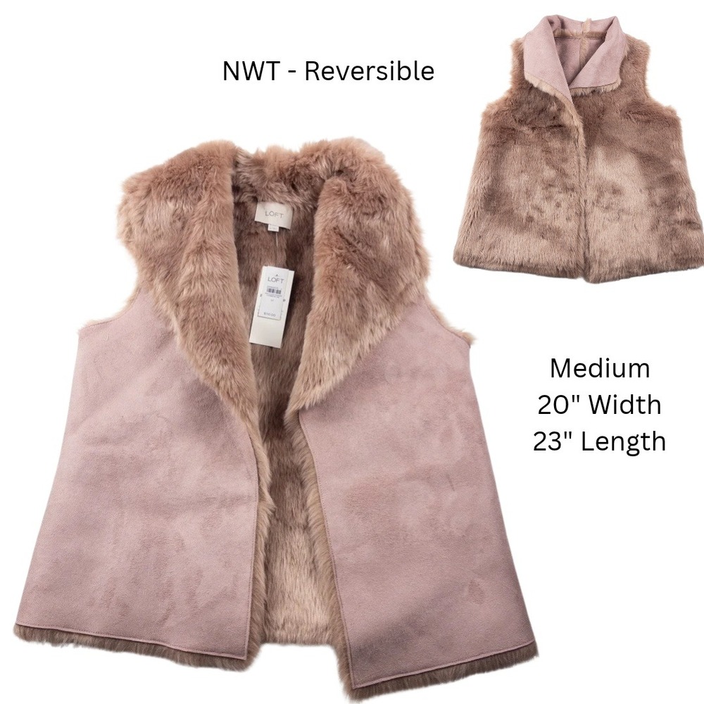 LOFT Reversible Vest Women Medium Mauve Pink Faux Suede Fur Open Boho Chic